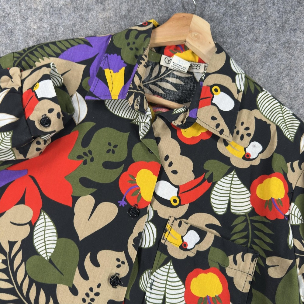 Vintage Cynthia Gregg‎ Shirt Womens Small Black Tropical Toucan Floral Print 90s